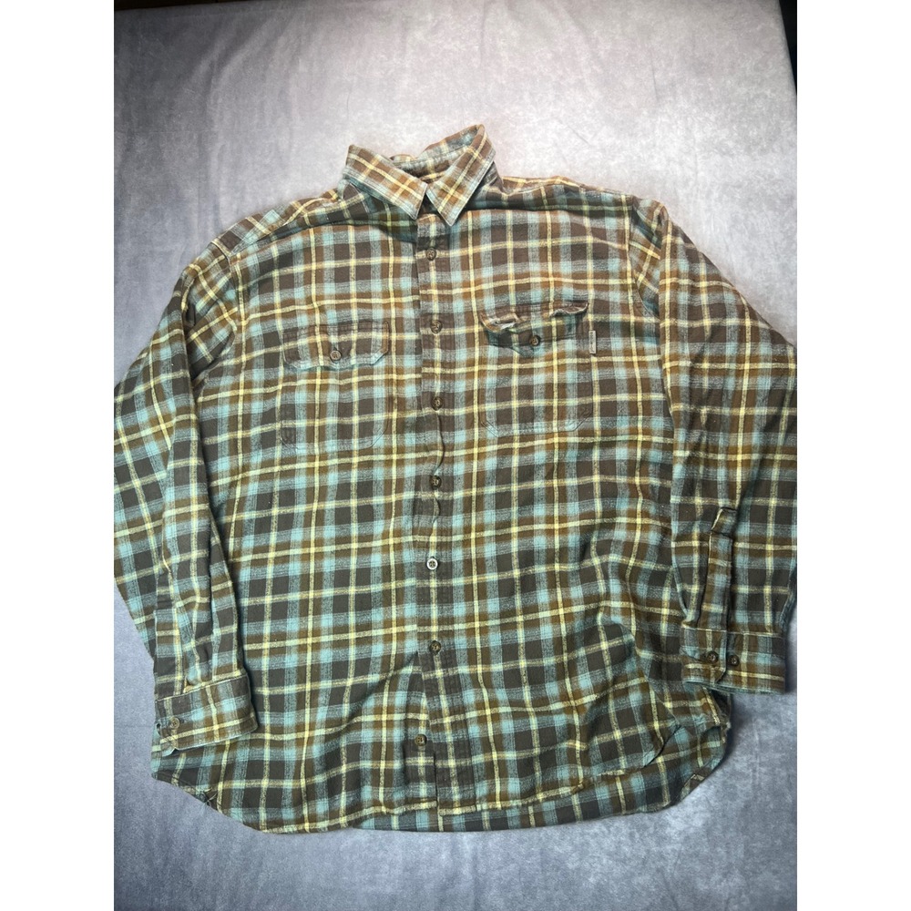 Woolrich Flannel Shirt Mens XL Brown Blue Plaid Long Sleeve Button Down Outdoor